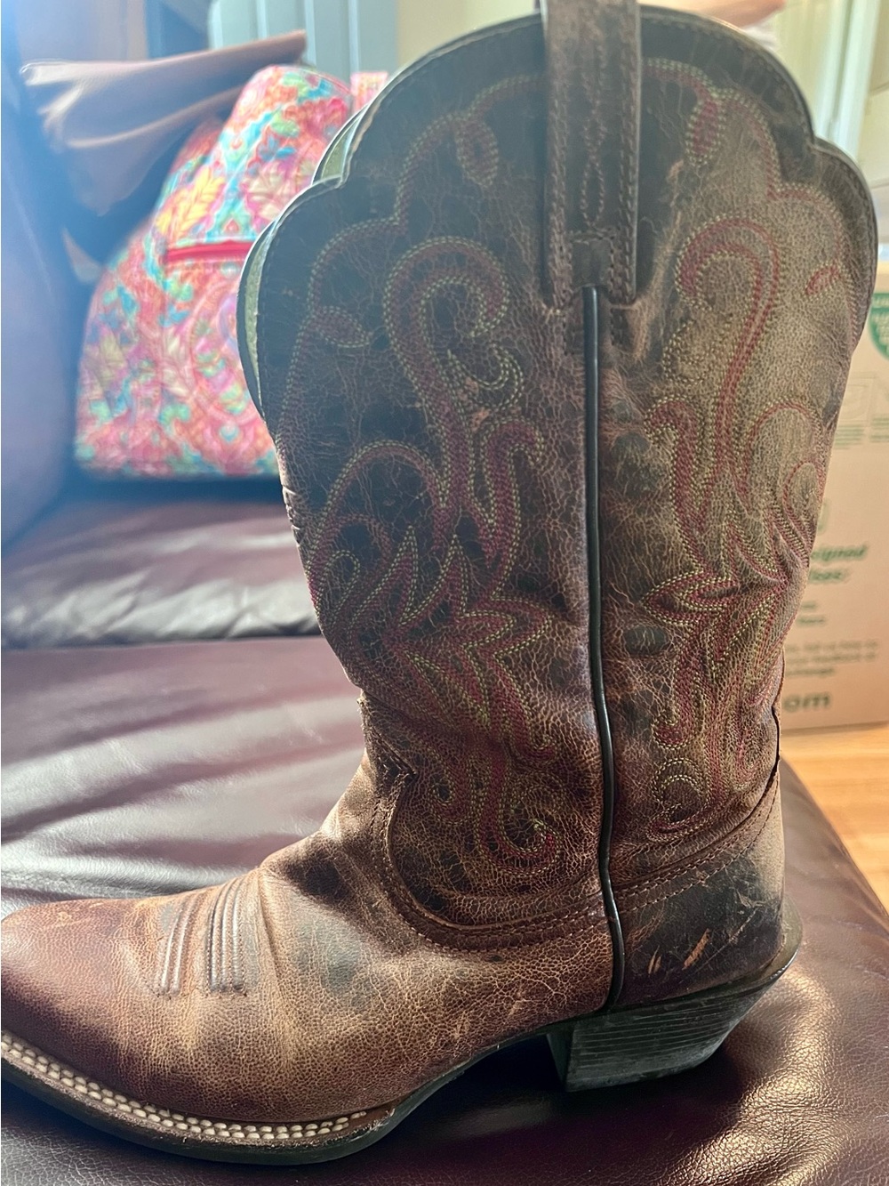 Ariat cowgirl boots size 7B women’s brown leather square toe with red stitching - Picture 6 of 12